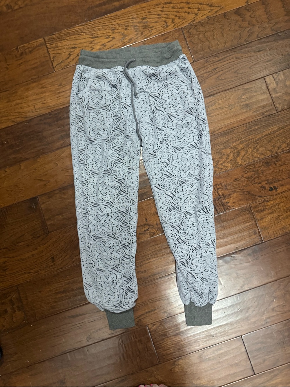 Lace Overlay Gray Jogger Pants with Ribbed Waistband